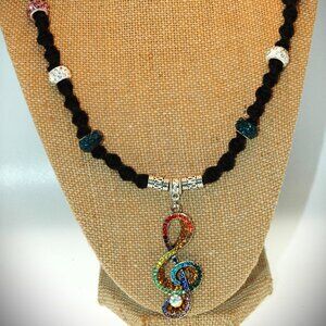 Multi-Color Rhinestone Musician's Treble Clef on a 22" Handmade Black Hemp